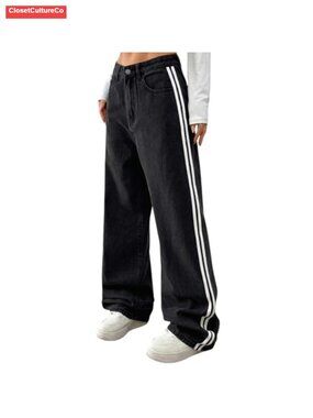 Petite Straight Leg High Rise Striped Jeans Loose Fit Denim Pants
